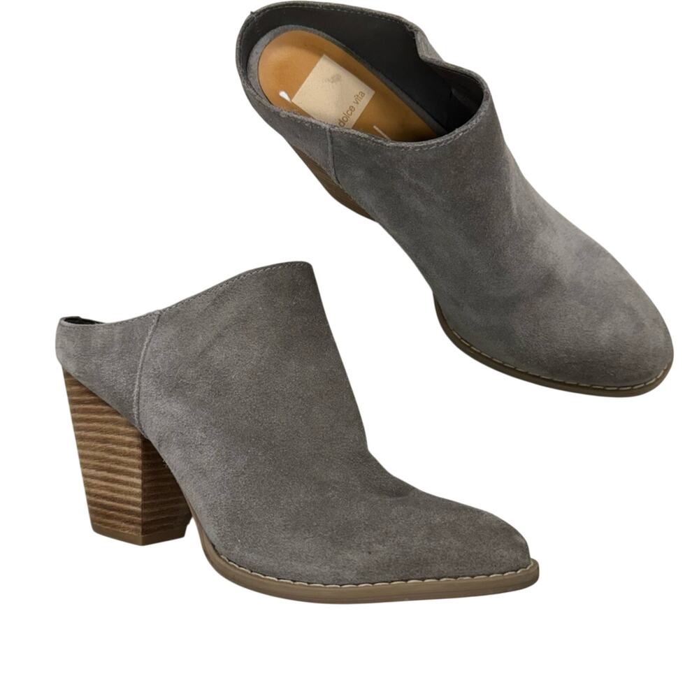 Dolce Vita Grey Suede Ankle Stacked Heel Mule Boots Womens 8.5